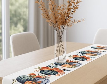 Camino de mesa de calabazas, mantel estilo granja para la decoración de Acción de Gracias, decoración de mesa otoñal en azul y naranja.