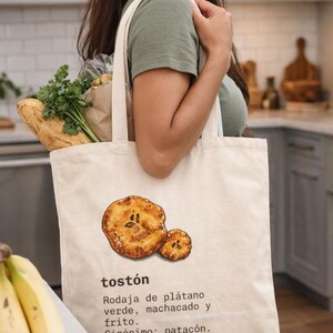 Bolsa de lona Frito con Salami, divertida bolsa de mano española, arte gastronómico de la República Dominicana, bolsa de compras Tostones imagen 5