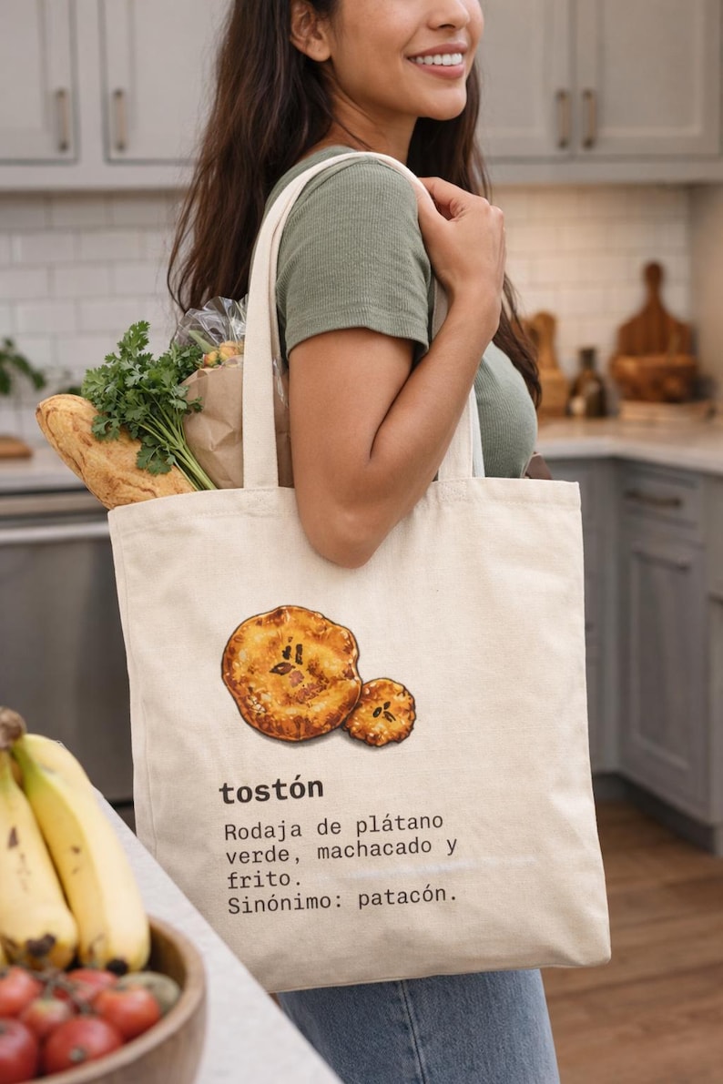 Bolsa de lona Frito con Salami, divertida bolsa de mano española, arte gastronómico de la República Dominicana, bolsa de compras Tostones imagen 5