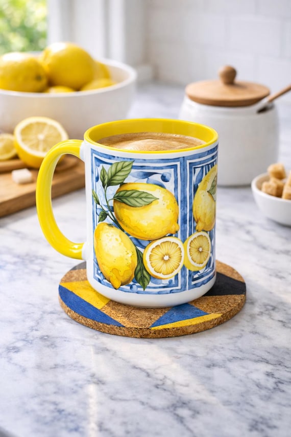Lemon Tile Coffee Mug Mediterranean Kitchen Decor Italian Cup for Nonna