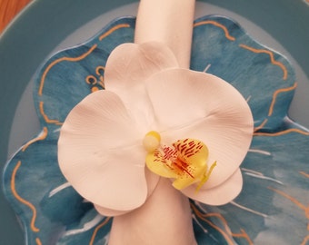 White Orchid Napkin Ring, Tropical Floral Table Decor, Handmade Wedding Reception Holder