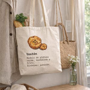 Bolsa de lona Frito con Salami, divertida bolsa de mano española, arte gastronómico de la República Dominicana, bolsa de compras Tostones imagen 6