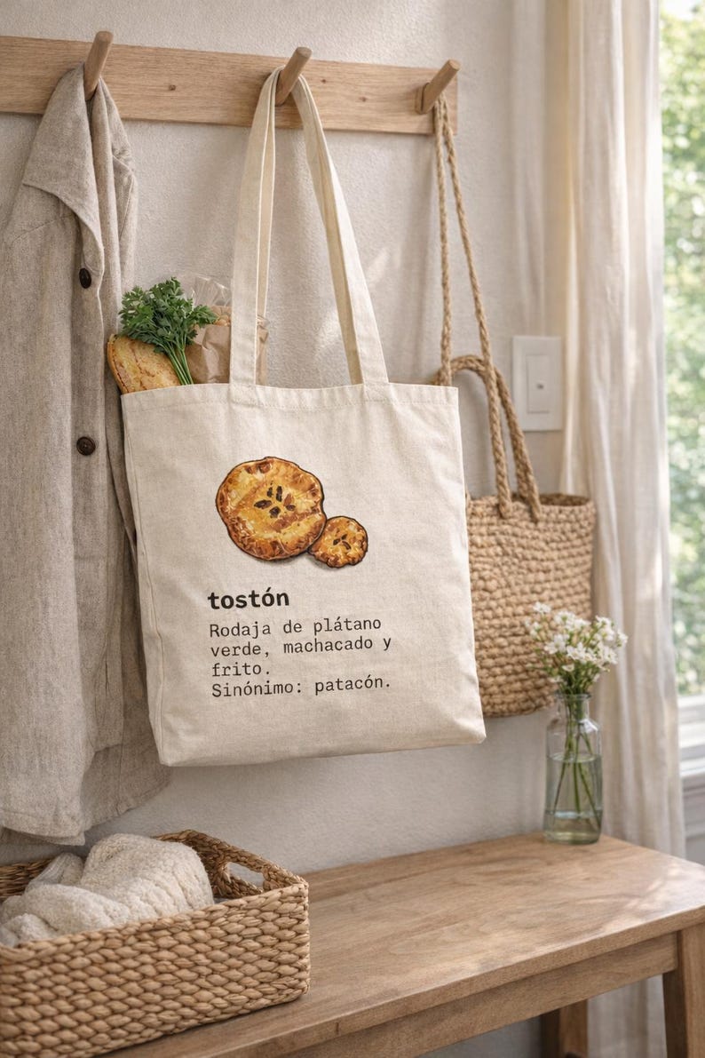 Bolsa de lona Frito con Salami, divertida bolsa de mano española, arte gastronómico de la República Dominicana, bolsa de compras Tostones imagen 6