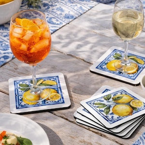 Posavasos de corcho con diseño de limón de Amalfi y azulejos mediterráneos (juego de 4)
