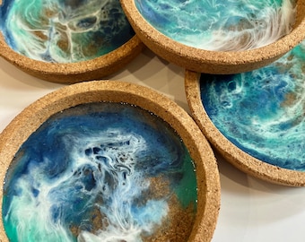 Beach Inspired Cork Coaster Set Coastal Resin Table Decor Handmade Beach House Gift