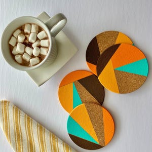 Personalized Geometric Cork Coasters Custom Wedding Favors Hand Painted Cup Holders Hostess Thank You Gift