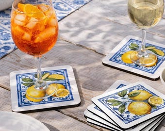 Amalfi Lemon Cork Coasters Mediterranean Tile Drink Holder (Set of 4)