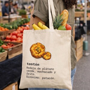 Bolsa de lona Frito con Salami, divertida bolsa de mano española, arte gastronómico de la República Dominicana, bolsa de compras Tostones Toston Definition