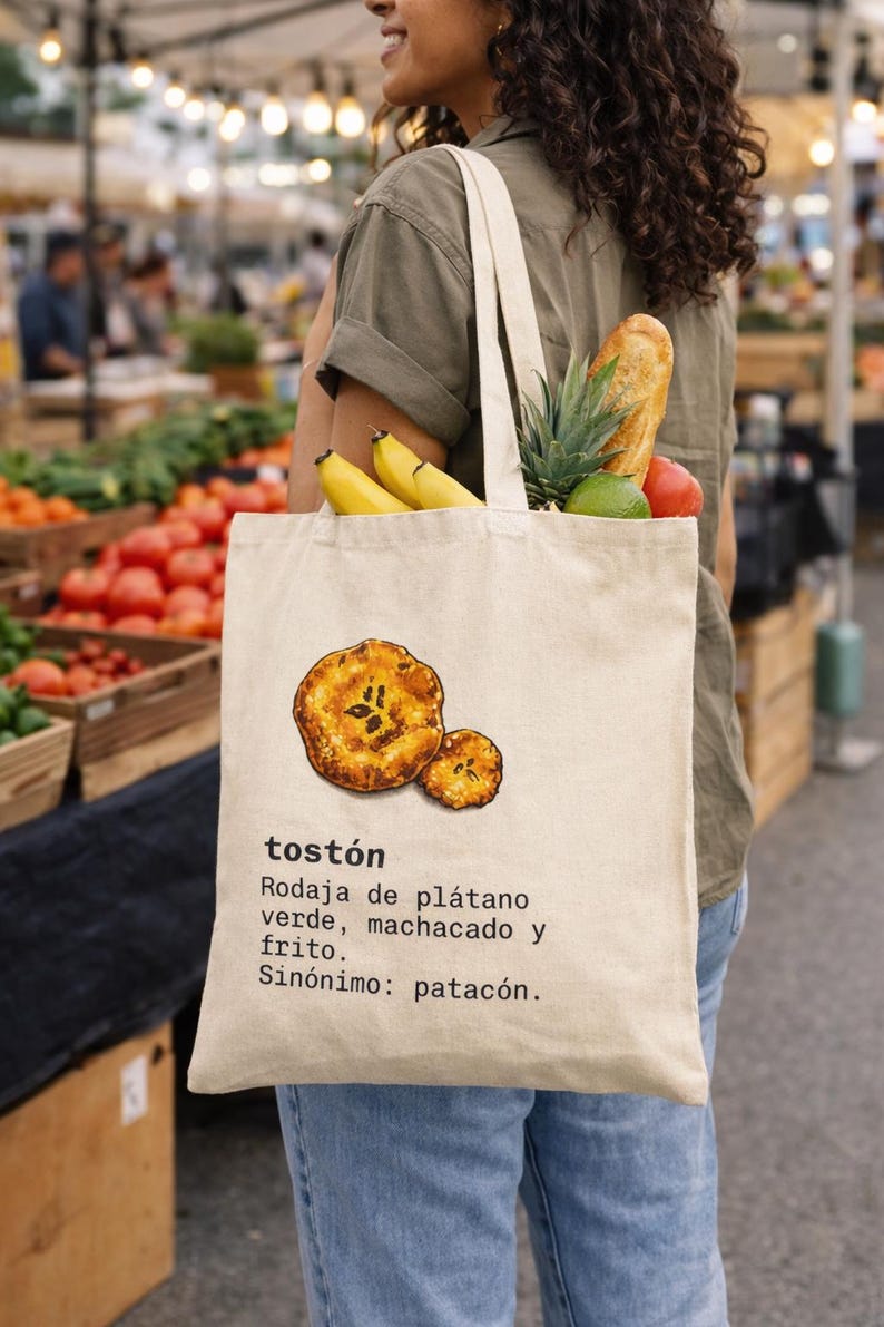 Bolsa de lona Frito con Salami, divertida bolsa de mano española, arte gastronómico de la República Dominicana, bolsa de compras Tostones Toston Definition
