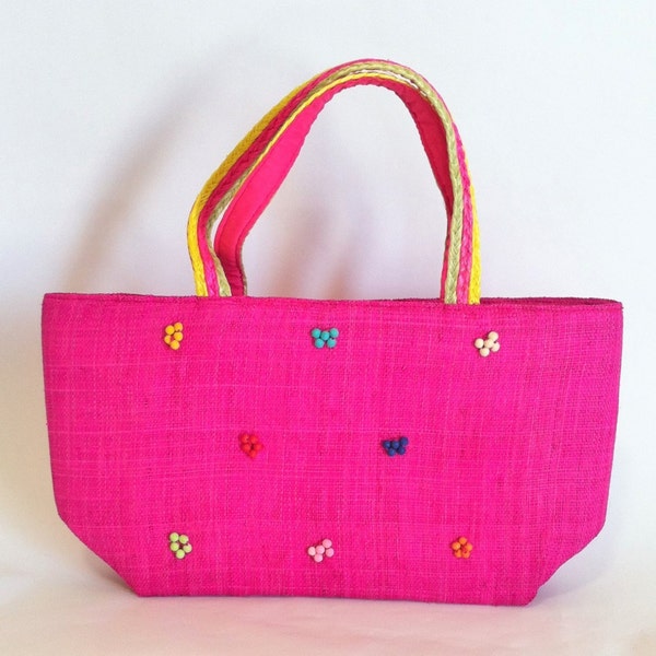 Abaca Bariw Fuchsia Pink Beaded Ethnic Purse Handbag Tote Ethnic Bag Elegant Dressy Casual Philippines Manila Hemp Pandan