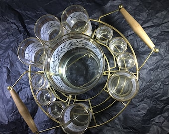 Drink Set of Tumblers, Shot Glasses, and Ice Bowl in large wire caddy, with gold and white wheat motif