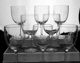 White Wine Glasses with Elaborate Cut Stars, Water Goblets, 8 Oz Each, Set of Eleven (11)