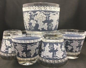 Cocktail Set, Ice Bowl, with Old Fashioned Glasses, Anchor Hocking, Jasperware Style, Blue and White, Grapes, Grapevines, Scrolls, 5 Pieces