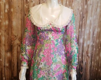 Vintage- 60's, Couture floral maxi dress/ sheer panel overlay/ XS