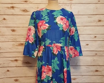 Vintage, 1980', blue floral maxi dress/ half sleeves/ medium