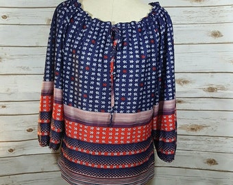 60's Navy and red patterened peasant blouse, Large