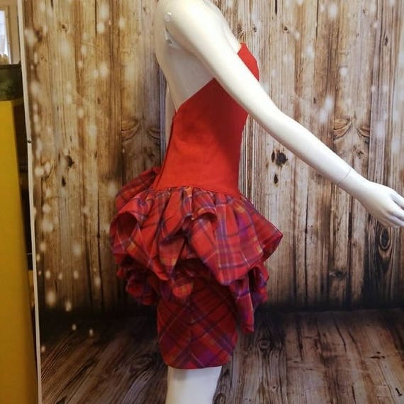 Vintage, 80's, Barboglio red ruffled plaid peplum… - image 2