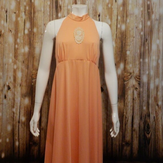 Vintage, 70's, Peach Maxi Sun Dress w/ Cameo Embroidery, Medium/Large