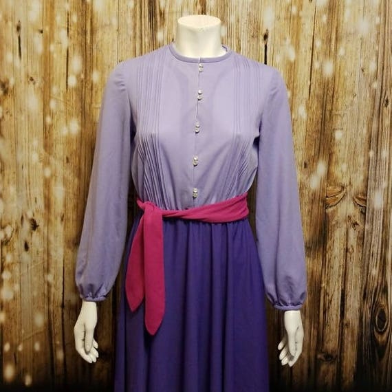 Vintage, 70's, color-block purple swing dress, Med