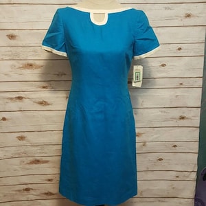 Vintage, 1970's, Deadstock, Turquoise-royal blue linen dress, NWT, Medium