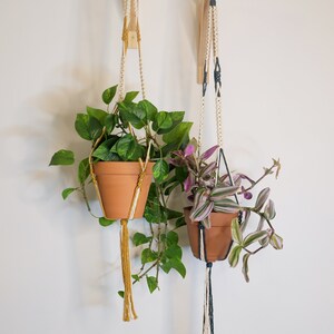 May include: Two macrame plant hangers with wooden wall mounts. The left hanger is cream and gold with a green plant in a terracotta pot. The right hanger is cream and navy blue with a purple and green plant in a terracotta pot.