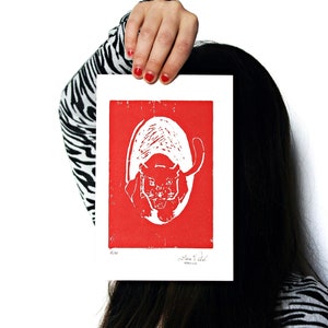 Stampa in linoleum, stampa Red Panther, arredamento in linoleografia, stampa originale in linoleum di Laia Vidal