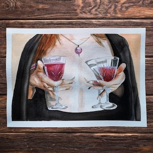 Original watercolor female portrait with two cups of wine
