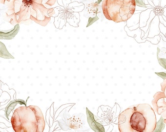Floral Peaches watercolor border, illustration clipart