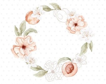 Floral Peaches watercolor wreath, illustration clipart