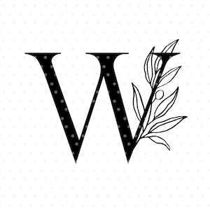 Peut inclure: Lettre "W" noire avec un motif pointillé, ornée d'un motif floral noir et blanc. L'image est posée sur un fond blanc avec un motif pointillé subtil. Le nom de l'artiste, "ANGELE KAMP", est en bas.