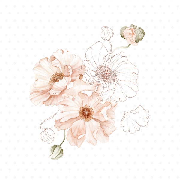 Pink Icelandic Poppy watercolor bouquet, Flower clipart