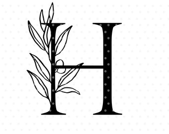 Letter H svg cutfile, alphabet initial monogram with olive branch clipart