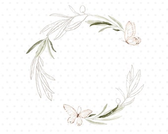 Butterfly Olive branch watercolor wreath clipart