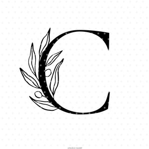 May include: Black and white illustration of the letter C with a floral design. The letter is surrounded by leaves and berries.