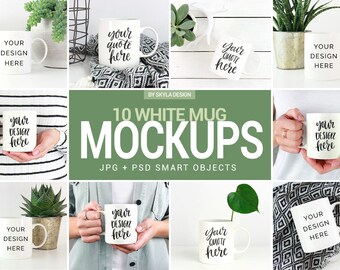 Download Free White coffee mug mockup bundle, Feminine woman holding mug stock photos PSD Template