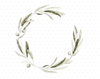 Watercolor olive branch wreath clipart