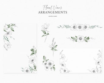 Floral Vines set, arrangements of flowers & leaves watercolors border clipart