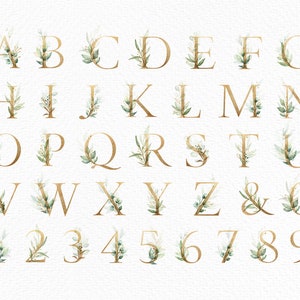 Conjunto de hojas de oro, letras del alfabeto de acuarela clipart