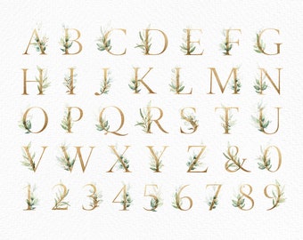 Gold leaf set, watercolor alphabet letters clipart