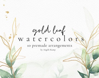 Gold leaf watercolor set, arrangement clipart