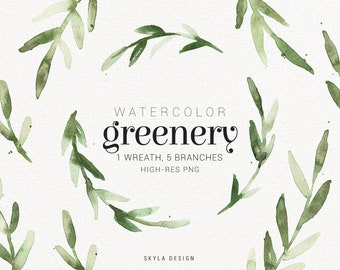 Green laurel watercolor set, leaves wreath clipart