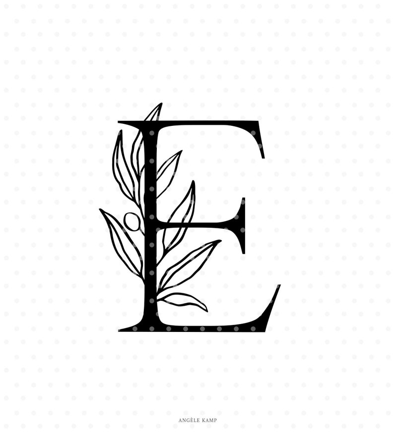 Letter E svg cutfile, alphabet initial monogram with olive branch clipart image 1