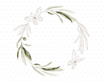 Butterfly Olive branch watercolor wreath clipart