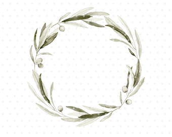 Watercolor olive branch wreath clipart