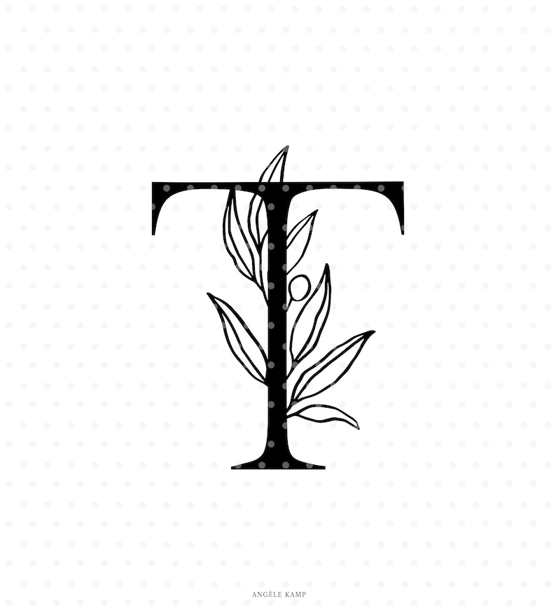 Letter T svg cutfile, alphabet initial monogram with olive branch clipart 画像 1