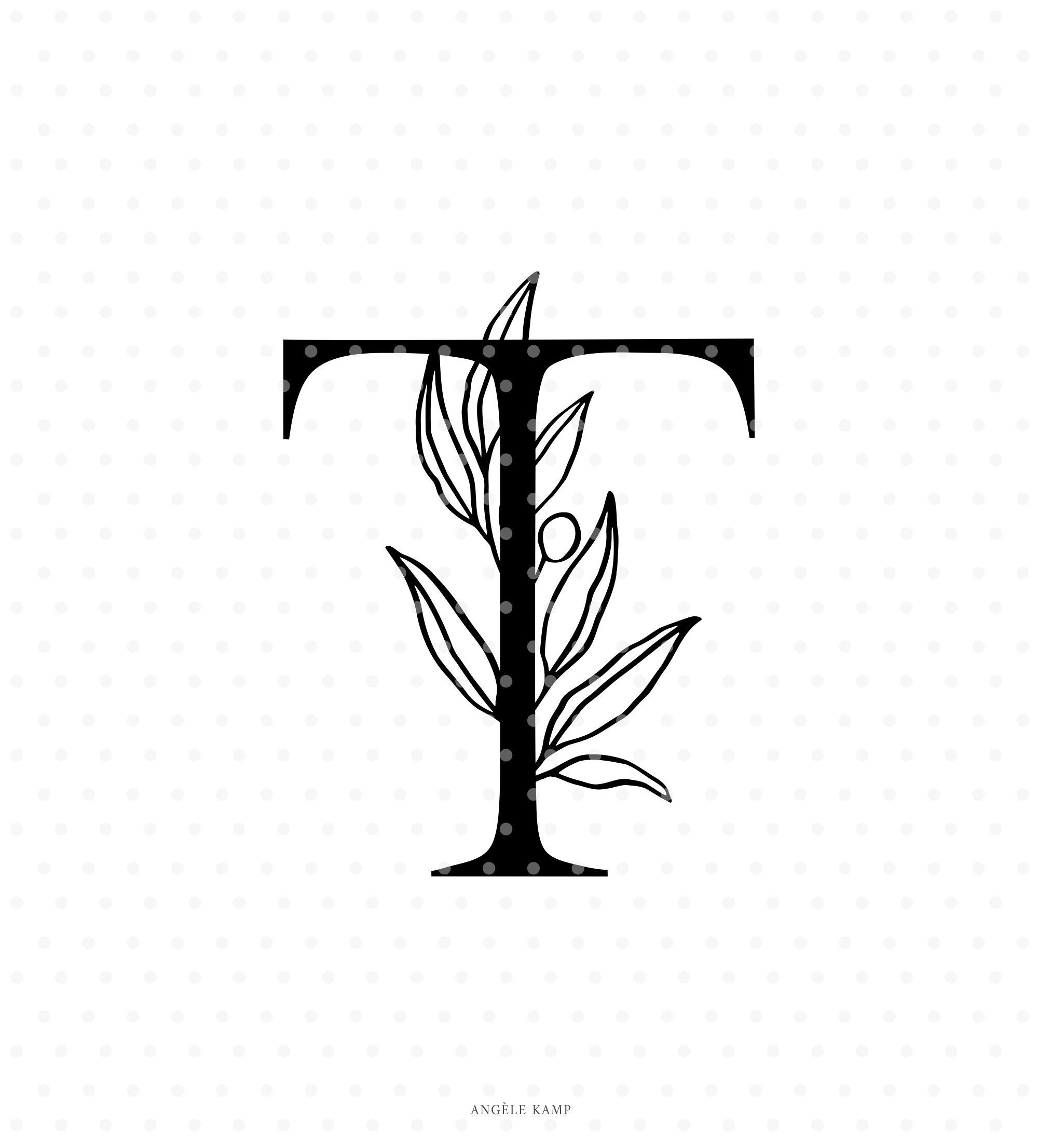 Letter T svg cutfile, alphabet initial monogram with olive branch clipart