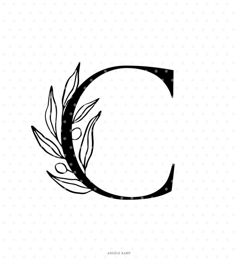 Letter C svg cutfile, alphabet initial monogram with olive branch clipart image 1