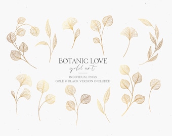 Botanic Love set, gold line art, wedding clipart, valentine illustrations