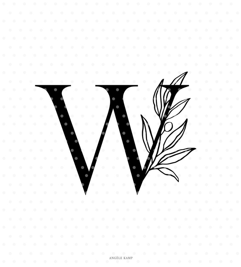 Letter W svg cutfile, alphabet initial monogram with olive branch clipart image 1