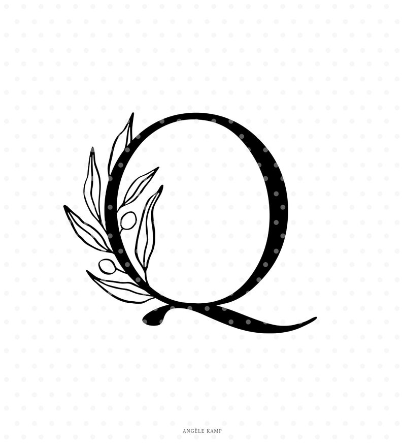 Letter Q svg cutfile, alphabet initial monogram with olive branch clipart image 1
